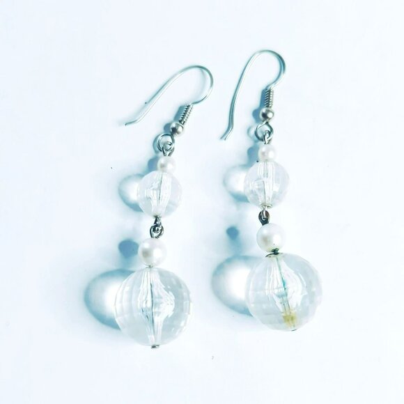 Vintage Clear Crystal Ball Faux Pearl Dangle Hook Earrings - Picture 3 of 4